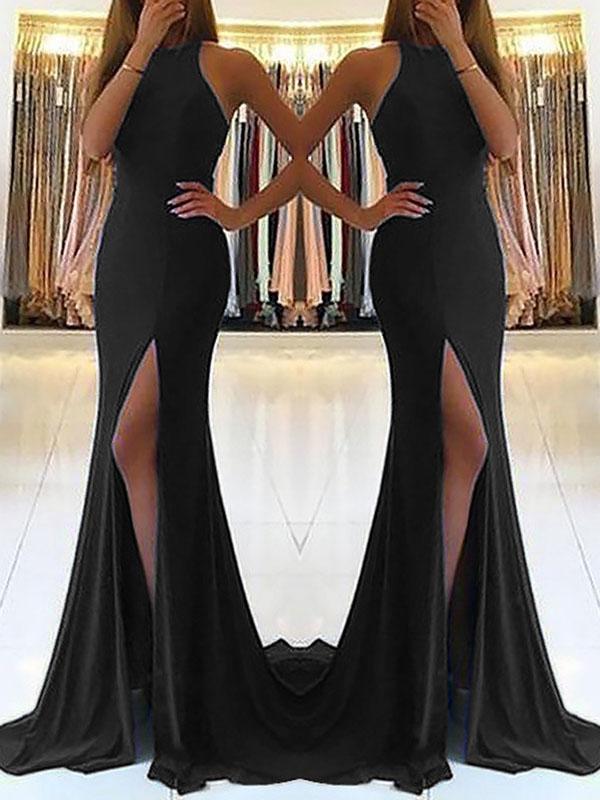 Cut Out Slit Round Neck Sleeveless Women Maxi Dresses Evening Dress Ball Gown