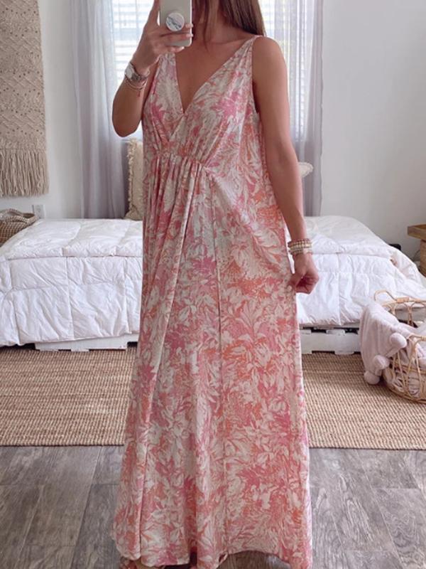 Floral Print Drawstring Slit V Neck Sleeveless Maxi Dresses Women Fashion Summer Dress Beach Dress