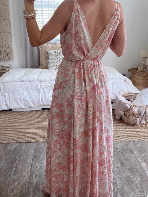 Floral Print Drawstring Slit V Neck Sleeveless Maxi Dresses Women Fashion Summer Dress Beach Dress