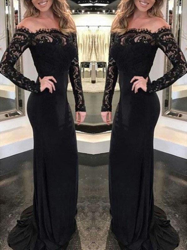 Lace Off Shoulder Long Sleeve Mermaid Elegant Maxi Dress Evening Dress