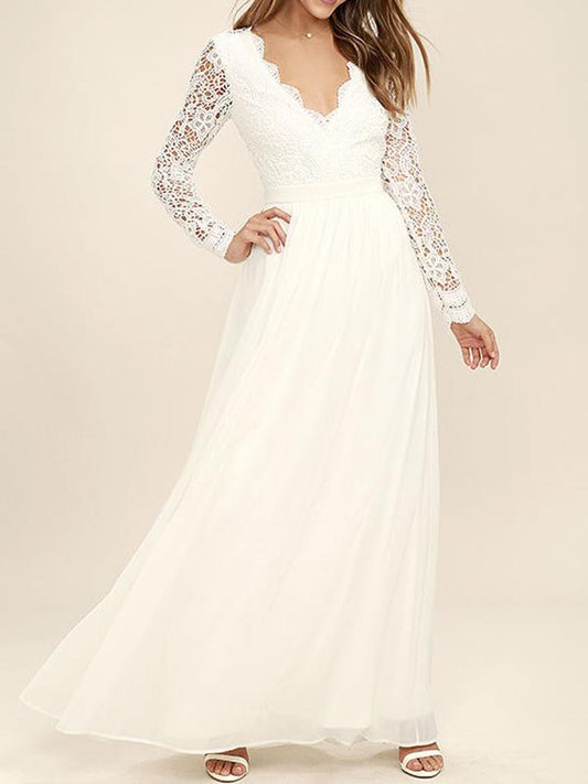 Patchwork Lace Mesh V Neck Long Sleeve A-Line Maxi Dress Women Fashion Wedding Dress