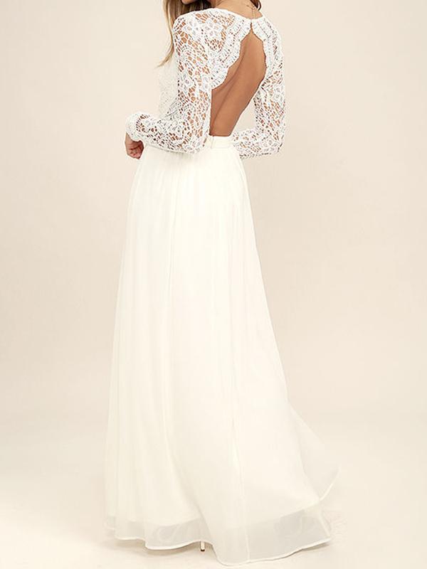 Patchwork Lace Mesh V Neck Long Sleeve A-Line Maxi Dress Women Fashion Wedding Dress