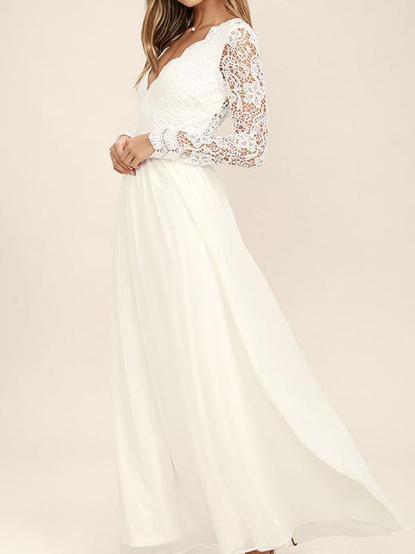 Patchwork Lace Mesh V Neck Long Sleeve A-Line Maxi Dress Women Fashion Wedding Dress