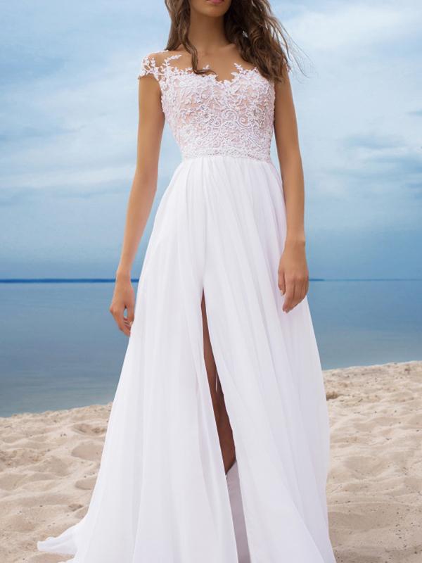 Lace Slit Cut Out Round Neck Sleeveless Women Maxi Dresses Wedding Dress