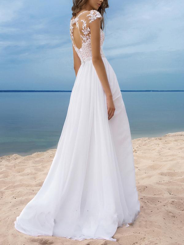 Lace Slit Cut Out Round Neck Sleeveless Women Maxi Dresses Wedding Dress