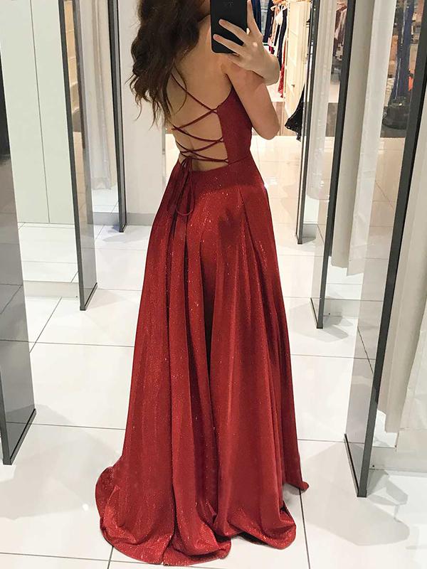 Solid Color Glitter Back Lacing Backless Deep V-Neck Spaghetti Straps A-Line Maxi Dress Women's Fashion Evening Dress