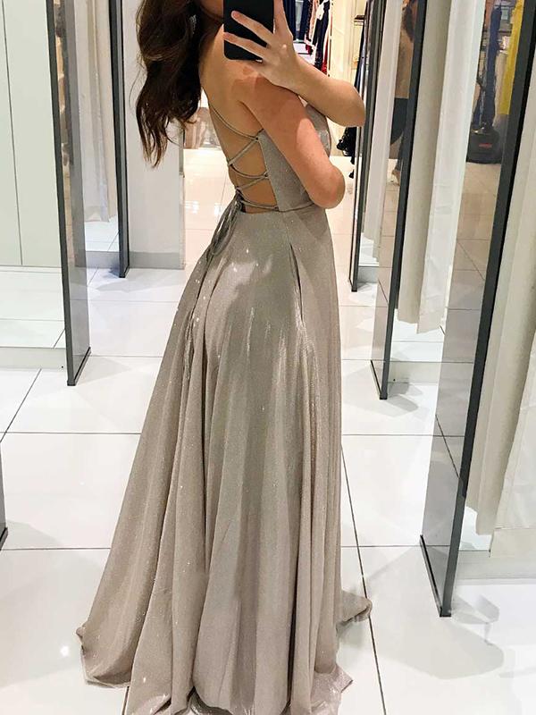 Solid Color Glitter Back Lacing Backless Deep V-Neck Spaghetti Straps A-Line Maxi Dress Women's Fashion Evening Dress