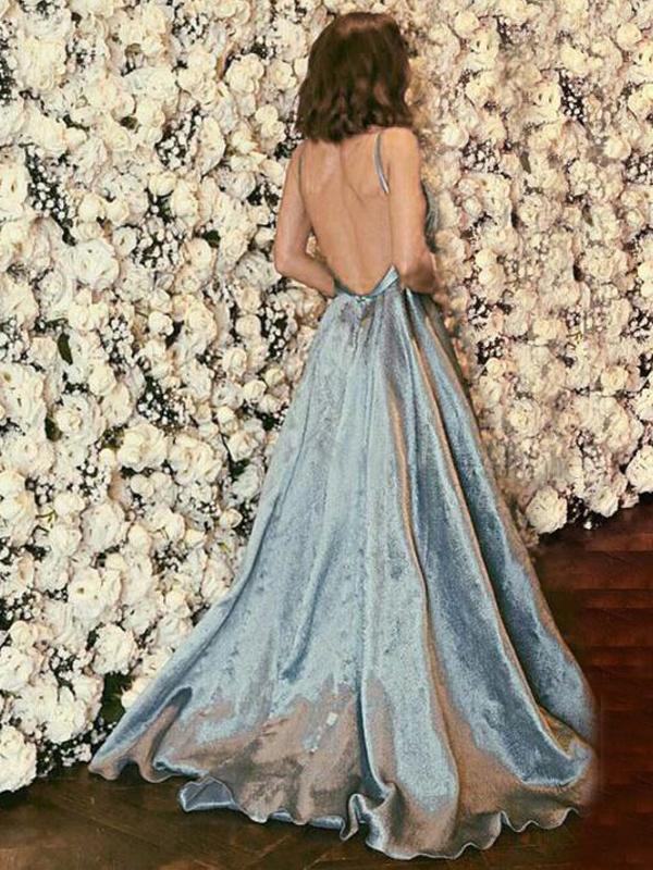 Patchwork Backless V-Neck Spaghetti Straps A-Line Maxi Dress Women's Fashion Evening Dress