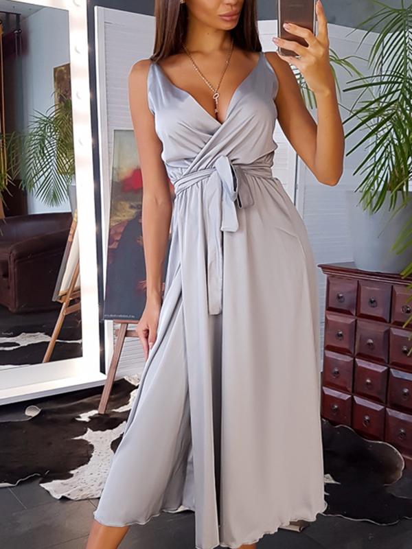 Seindeal Women Evening Dresses Slit Belt Spaghetti Straps Elegant Maxi Wrap Wedding Guest Dress