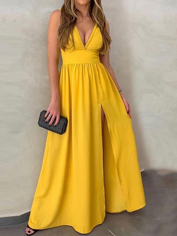 Yellow Slit V Neck Sleeveless Elegant Maxi Dress Evening Dresses Ball Gown