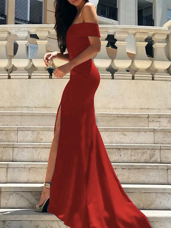 Slit Off Shoulder Fishtail Boat Neck Short Sleeve Women Maxi Dresses Party Dress