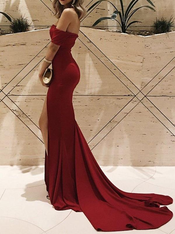Slit Off Shoulder Fishtail Boat Neck Short Sleeve Women Maxi Dresses Party Dress