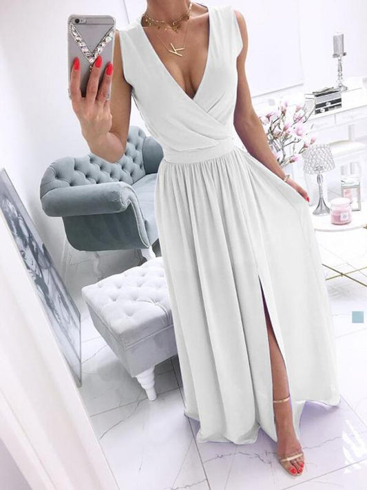 Side Slit Draped V Neck Sleeveless Maxi Dress Women Fashion Evening Dress