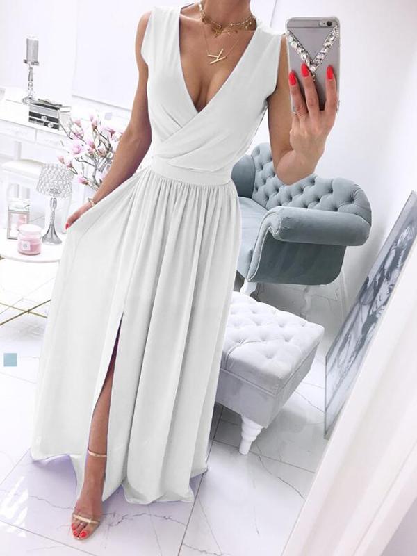 Side Slit Draped V Neck Sleeveless Maxi Dress Women Fashion Evening Dress