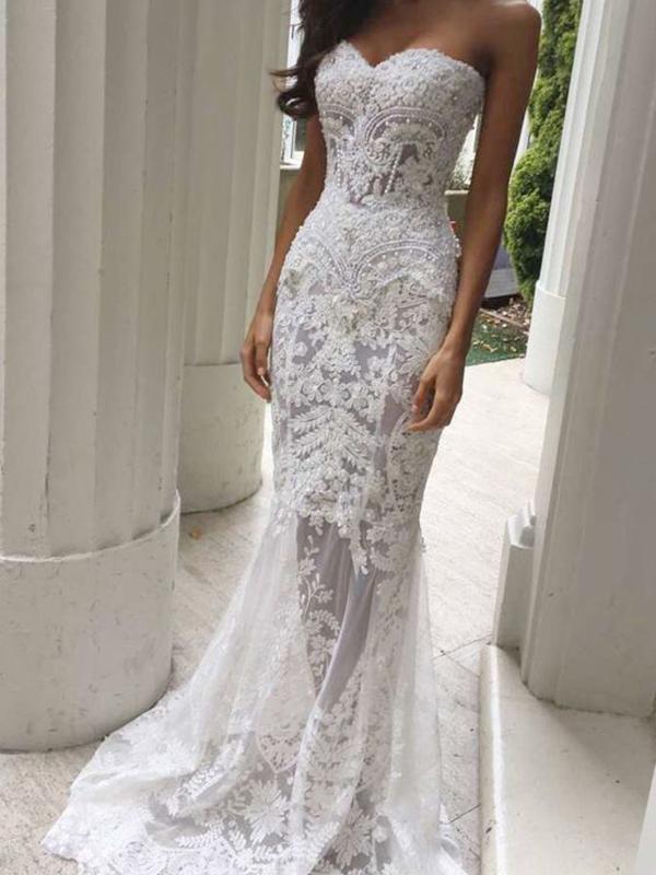 Lace Bandeau Fishtail Boat Neck Sleeveless Women Maxi Dresses Evening Dress Lace Dress