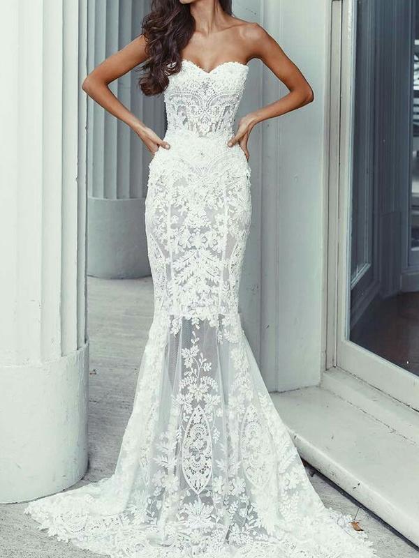 Lace Bandeau Fishtail Boat Neck Sleeveless Women Maxi Dresses Evening Dress Lace Dress