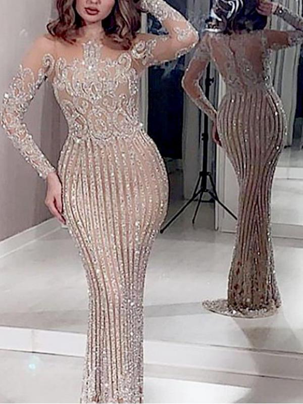 Glitter Fishtail Round Neck Long Sleeve Women Maxi Dresses Tight Dress Evening Dress Ball Gown