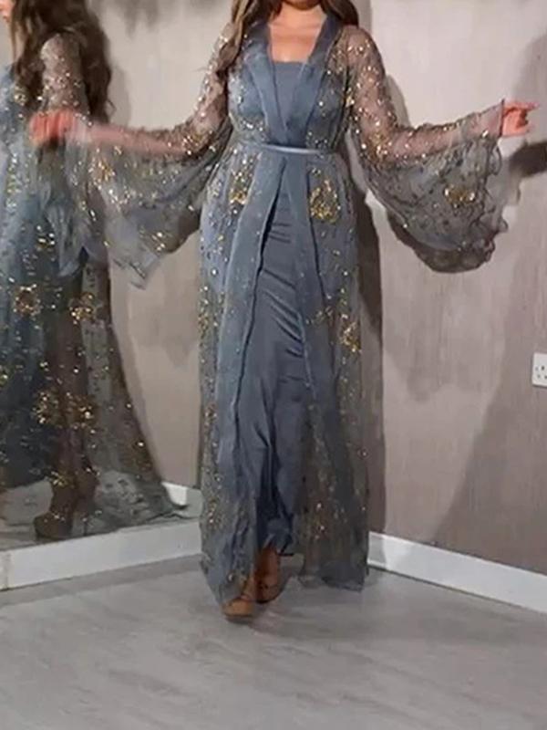 Glitter two-piece long sleeve women maxi dresses evening dress