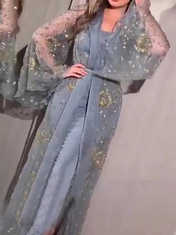 Glitter two-piece long sleeve women maxi dresses evening dress