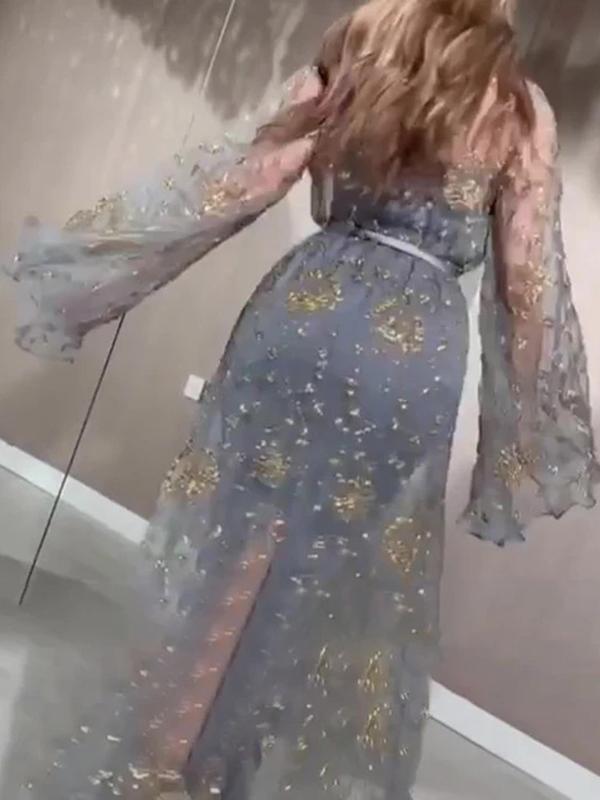Glitter two-piece long sleeve women maxi dresses evening dress