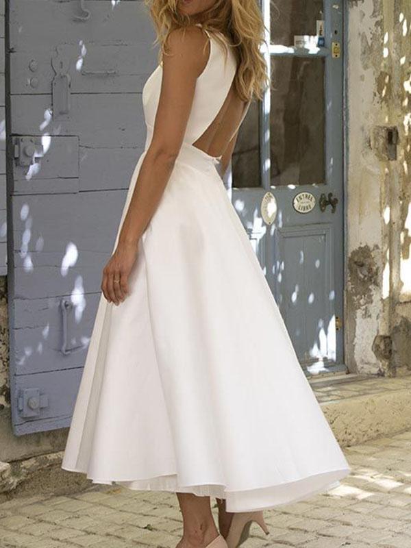 Solid Color Backless V-Neck Sleeveless Maxi Dresses Women's Fashion Evening Dress