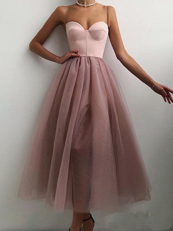 Mesh Slit Boat Neck Spaghetti Straps Women Midi Dresses Tulle Dress Evening Dress