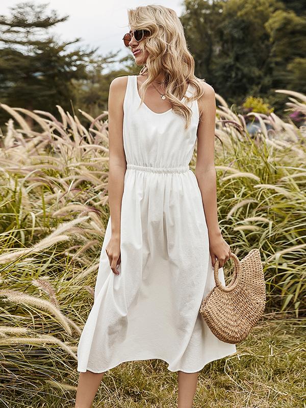 Draped Round Neck Sleeveless Women Midi Dresses Casual Dress Summer Dress