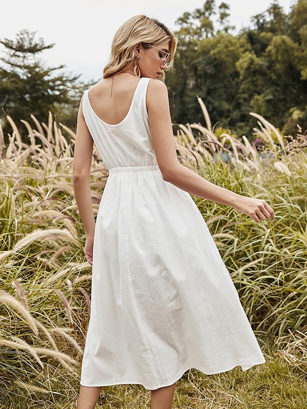 Draped Round Neck Sleeveless Women Midi Dresses Casual Dress Summer Dress