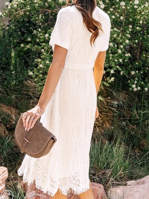 Patchwork lace round neck short sleeve midi dress women fashion lace dress