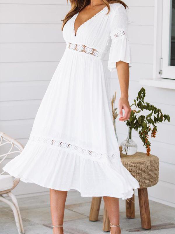 Patchwork crochet lace cut out v-neck half-length midi dresses women sundress