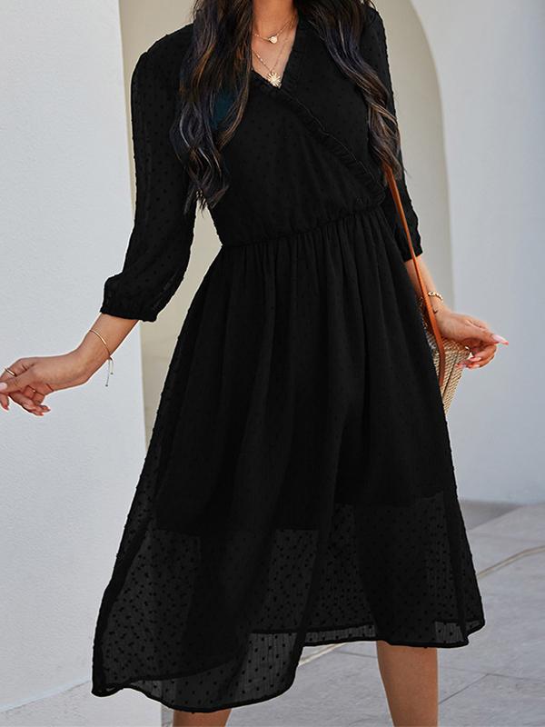 Solid Color Ruffle Mesh V-Neck Half-Length Midi Dresses Women Fashion Elegant Dress