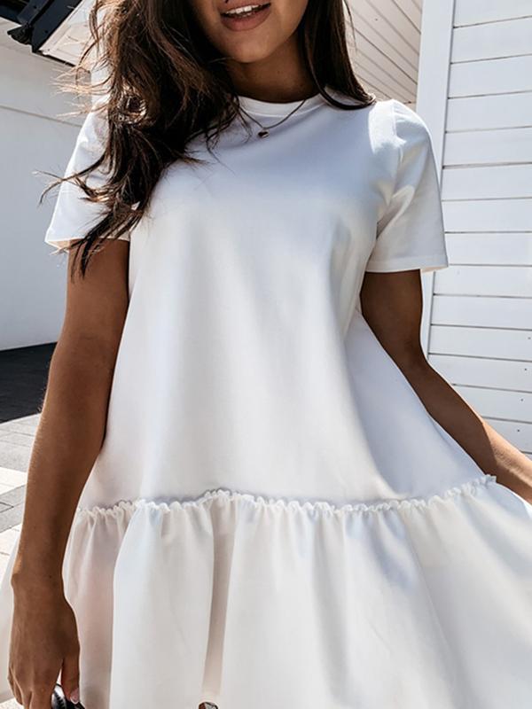 Solid Color Ruffle Round Neck Short Sleeve Loose Mini Dress Women Fashion Casual Dress