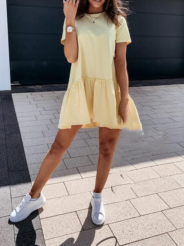 Solid Color Ruffle Round Neck Short Sleeve Loose Mini Dress Women Fashion Casual Dress