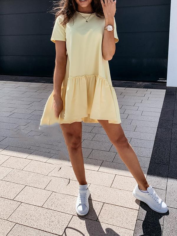 Solid Color Ruffle Round Neck Short Sleeve Loose Mini Dress Women Fashion Casual Dress