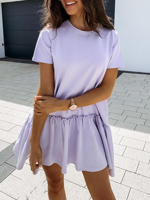 Solid Color Ruffle Round Neck Short Sleeve Loose Mini Dress Women Fashion Casual Dress