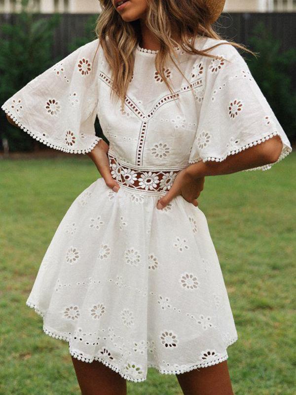 Solid Color Crochet Lace Backless See Through Round Neck Short Sleeve A-Line Mini Dress Women Fashion Lace Dress