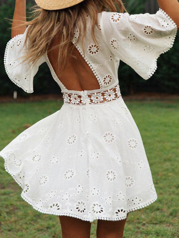 Solid Color Crochet Lace Backless See Through Round Neck Short Sleeve A-Line Mini Dress Women Fashion Lace Dress