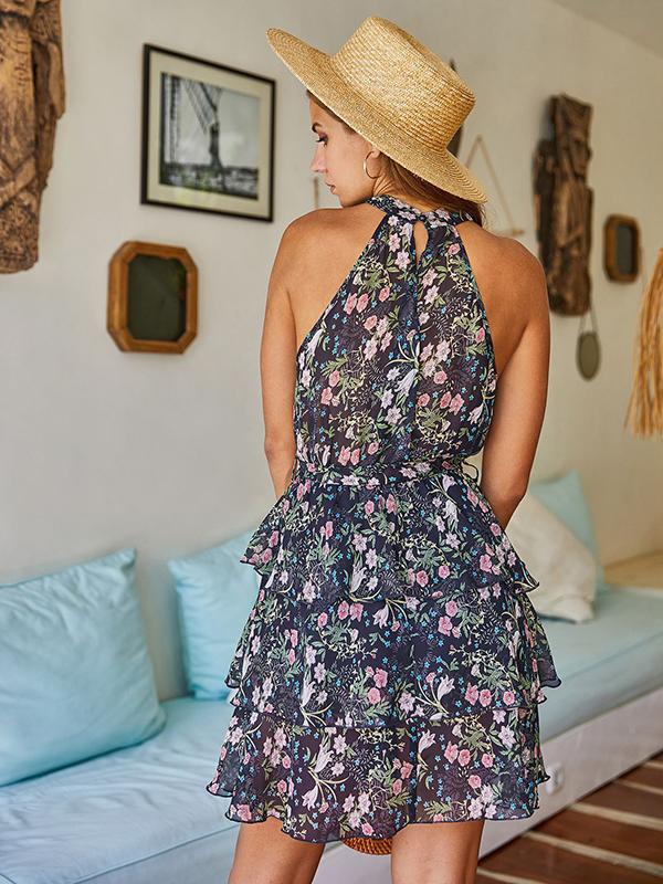 Floral Print Tiered High Waist Halter Sleeveless Mini Dresses Women Fashion Elegant Dress
