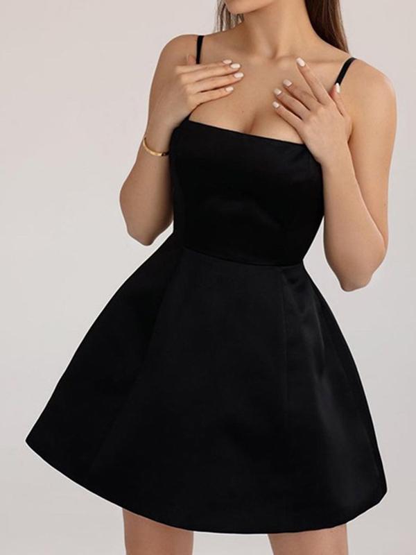 Solid Color Backless Square Collar Spaghetti Straps A-Line Mini Dresses Women Fashion Party Dress