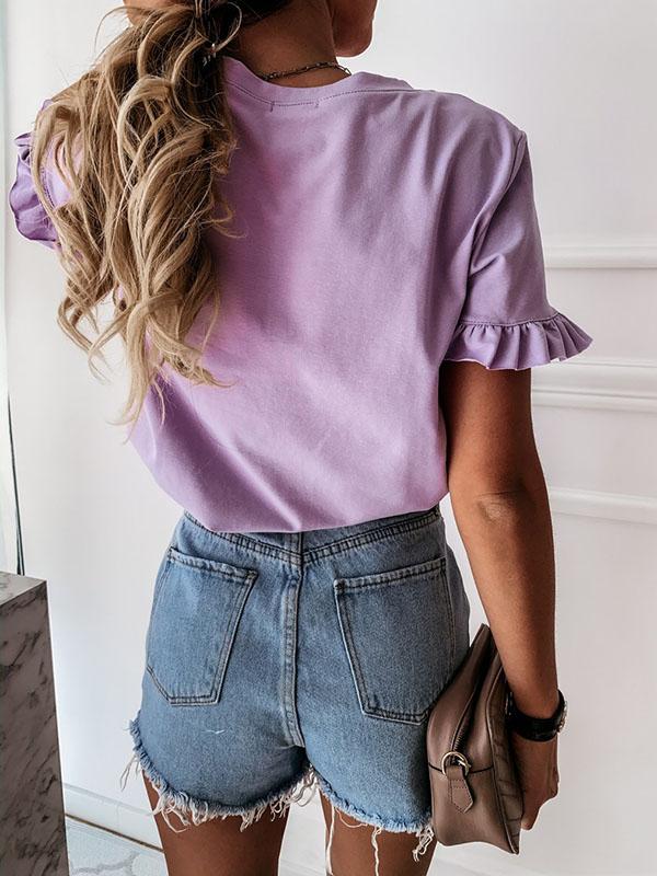 Ruffle round neck short sleeve women t-shirt