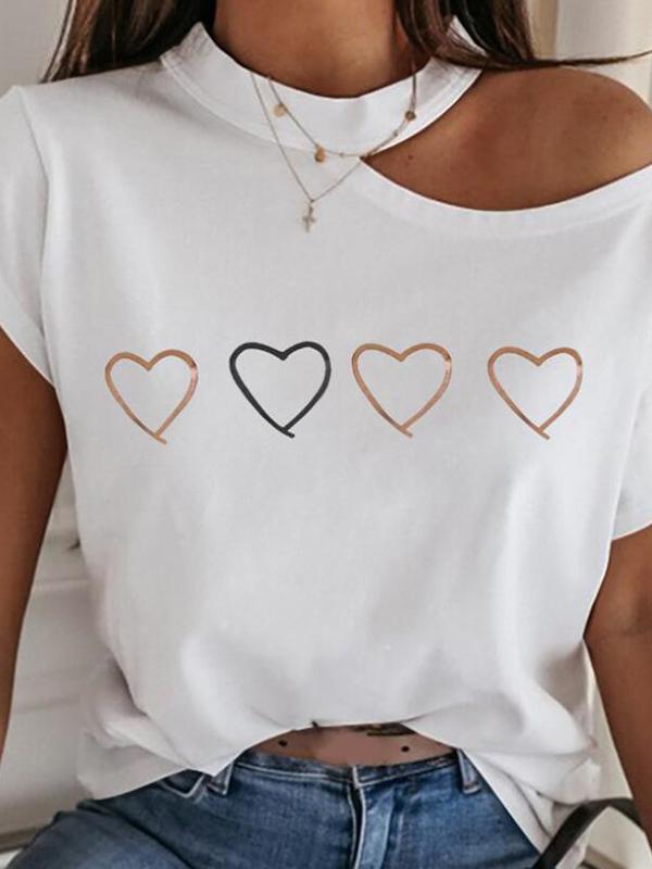 Love One Shoulder Round Neck Short Sleeve T-shirt Regular Women Fashion Top