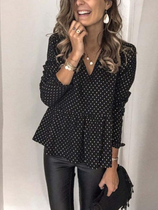Polka Dot Patchwork V Neck Long Sleeve Top Women Fashion Blouses