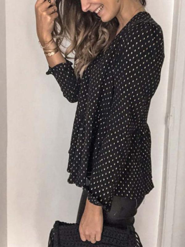 Polka Dot Patchwork V Neck Long Sleeve Top Women Fashion Blouses