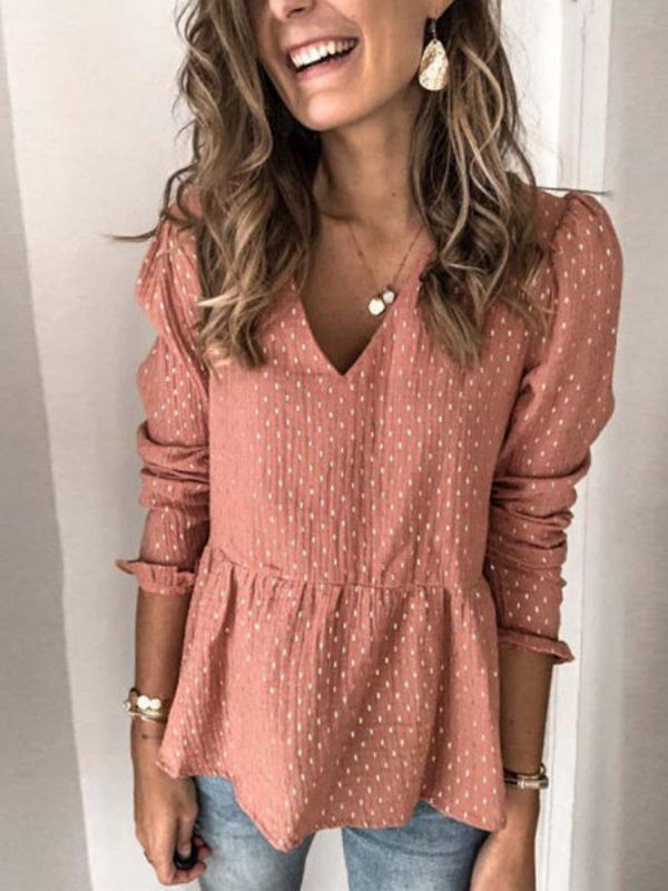 Polka Dot Patchwork V Neck Long Sleeve Top Women Fashion Blouses