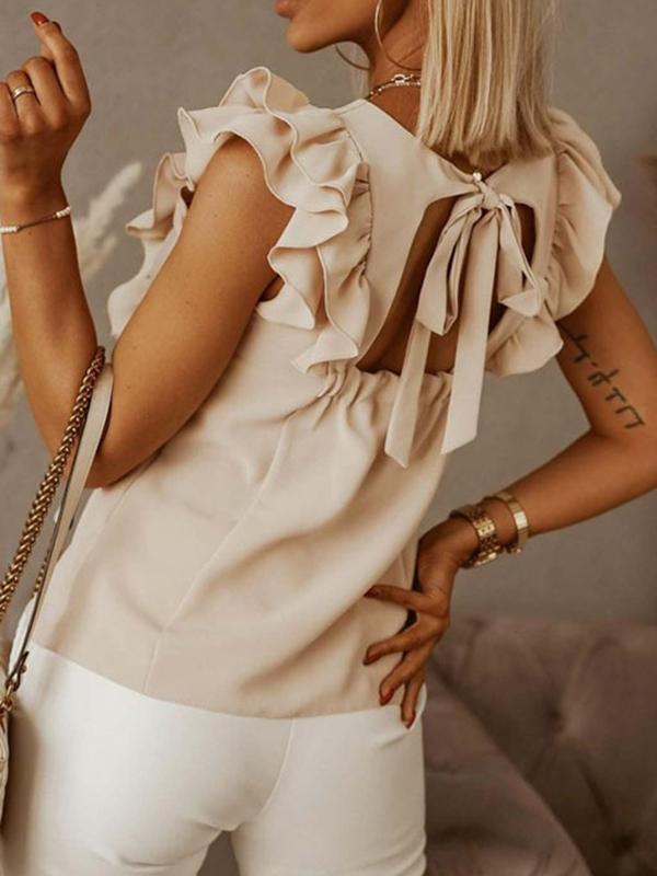 Solid Color Ruffle Round Neck Sleeveless Blouses Regular Ladies Fashion Top