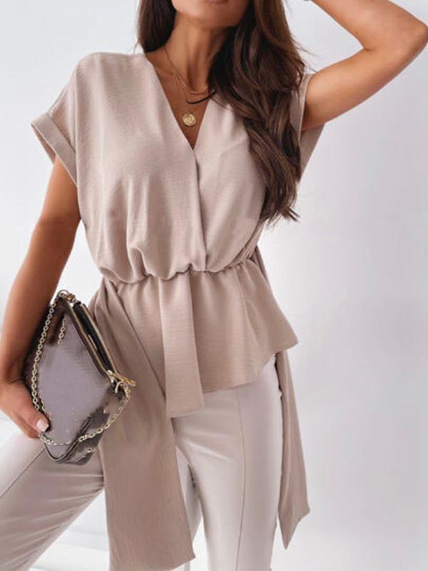 Solid Color Belt V Neck Short Sleeve Blouses Regular Ladies Fashion Top