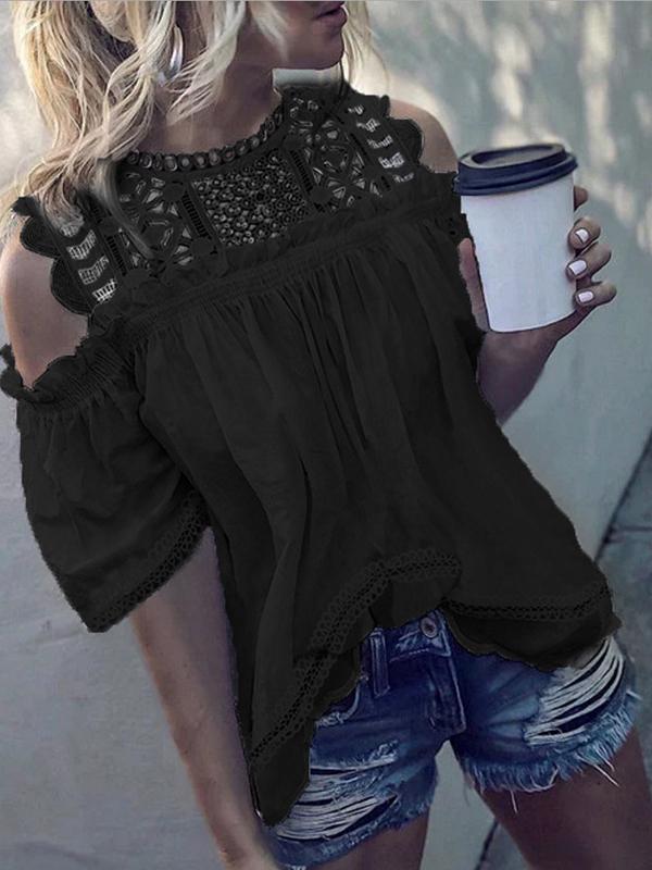 Solid Color Lace Cut Out Round Neck Short Sleeve Blouses Regular Ladies Fashion Top