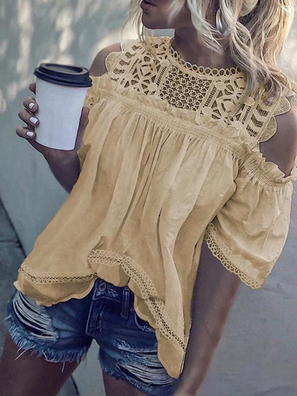 Solid Color Lace Cut Out Round Neck Short Sleeve Blouses Regular Ladies Fashion Top