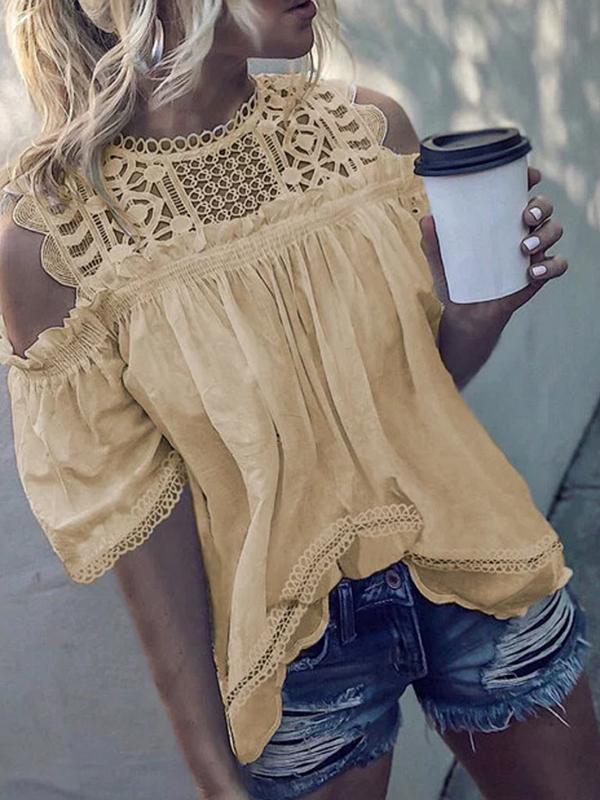 Solid Color Lace Cut Out Round Neck Short Sleeve Blouses Regular Ladies Fashion Top