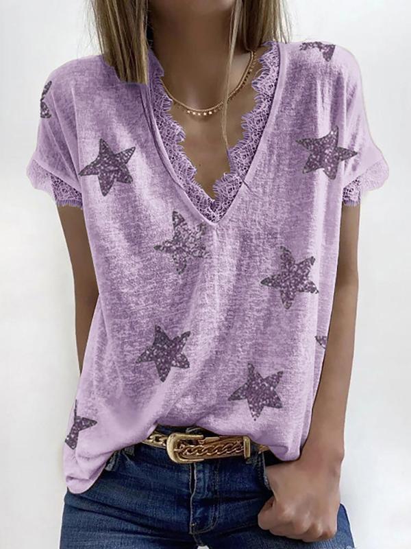 Starry Sky Crochet Lace Round Neck Short Sleeve Women Tops T-Shirt Tops